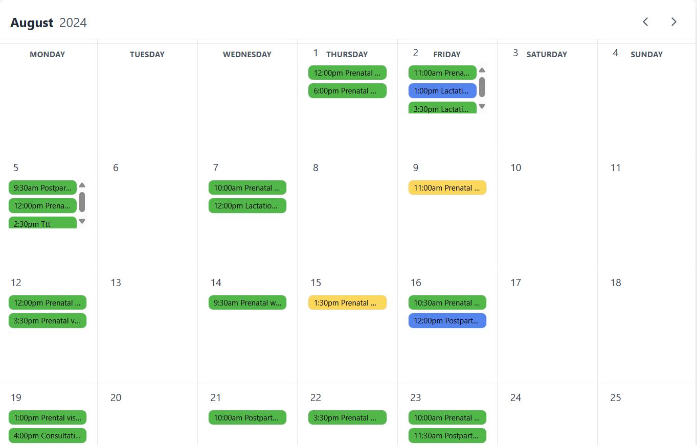 Calendar view of all events and their confirmation status